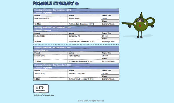 Iully Online Travel Agent - Proposed Itinerary Screenshot