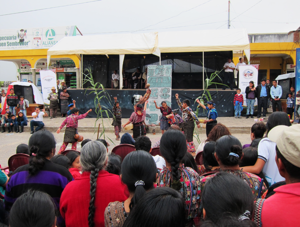 Guatemalan students reenacting a traditional Mayan story in the central plaza in Sololá